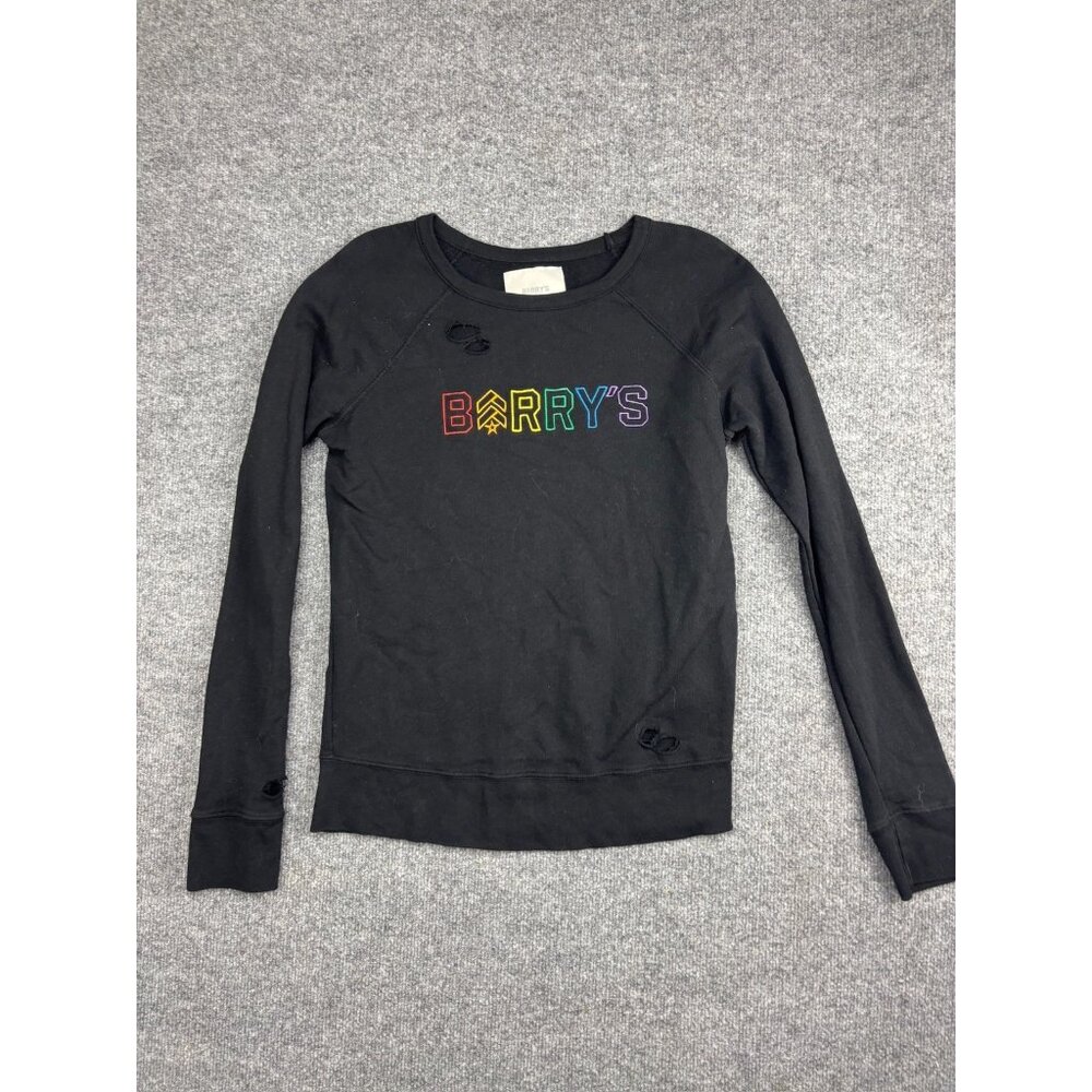 Barry's Pullover Sweatshirt‎ Women's S Black Rainbow Logo Distressed Raglan USA